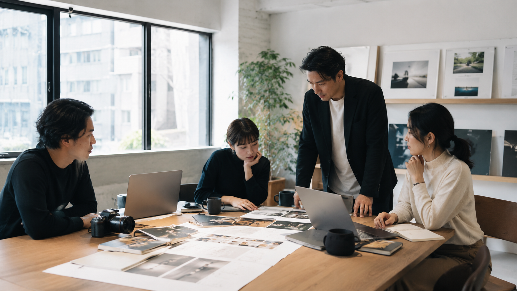 制作チームが資料を囲んで打ち合わせをしている様子